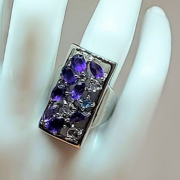 Natural Amethyst,  Aquamarine & Swiss Blue Topaz 925 Sterling Silver Ring 7.5 - Picture 7 of 12